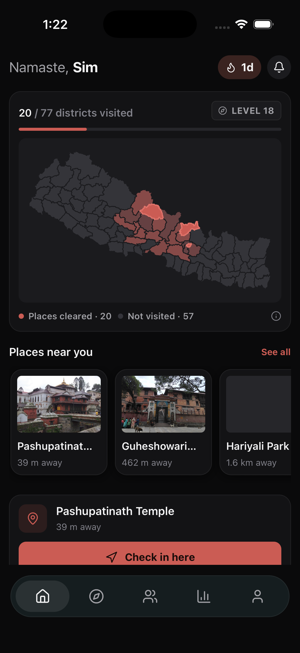 The Ghumify home screen, showing 20 of 77 districts visited and the places nearby